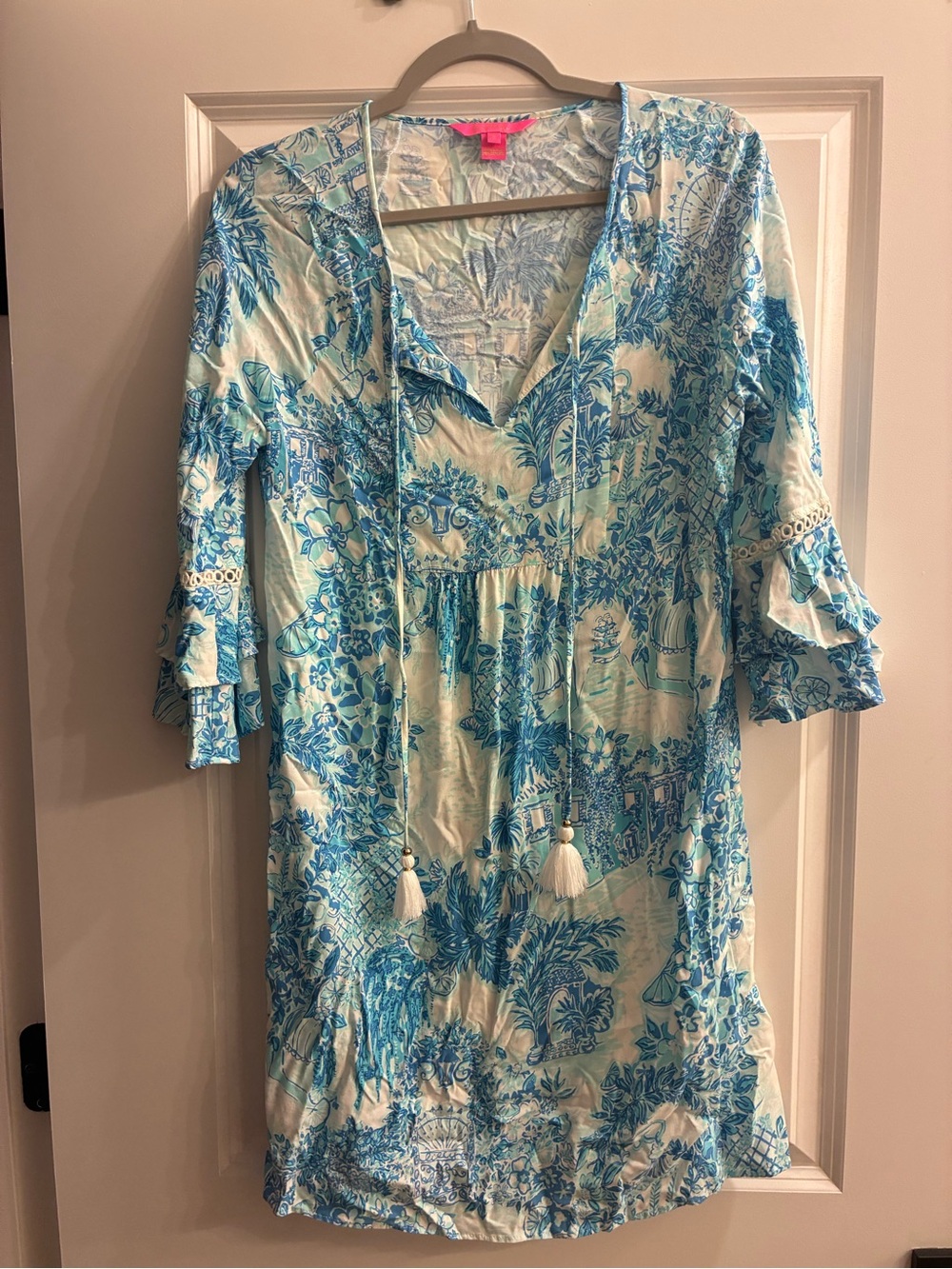Lilly Pulitzer Blue and White Printed V-Neck Tunic with Tassels